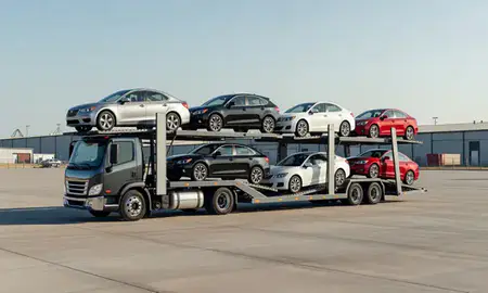 Car transporter loaded with vehicles in Nebraska, United States