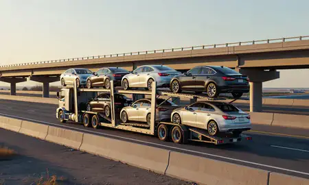 Car transporter with the Nebraska, United States skyline behind it