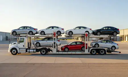 Car transporter parked in an industrial area of Alliance, Nebraska, United States
