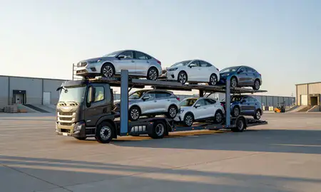 Car transporter loaded with vehicles in Alliance, Nebraska, United States