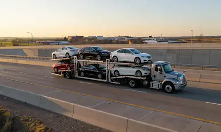 Car transporter with the Alliance, Nebraska, United States skyline behind it