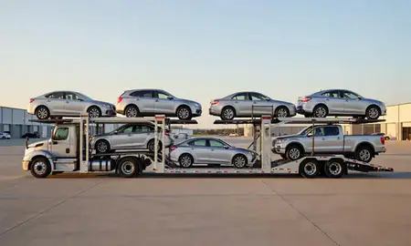 Car transporter parked in an industrial area of Beatrice, Nebraska, United States