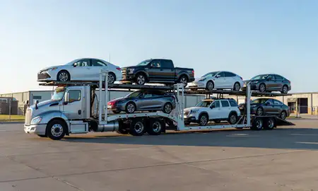 Car transporter loaded with vehicles in Beatrice, Nebraska, United States