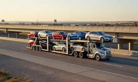 Car transporter with the Beatrice, Nebraska, United States skyline behind it