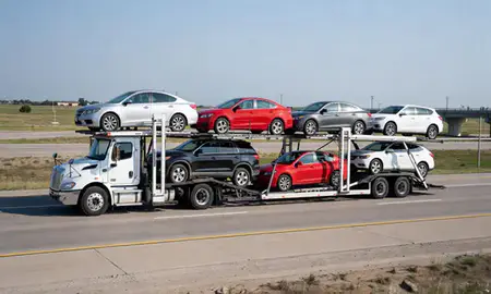 Multi-level car carrier on the highway to Bellevue, Nebraska, United States