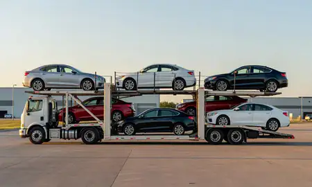 Car transporter parked in an industrial area of Bellevue, Nebraska, United States