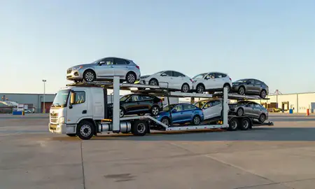 Car transporter loaded with vehicles in Bellevue, Nebraska, United States