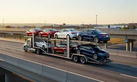 Car transporter with the Bellevue, Nebraska, United States skyline behind it