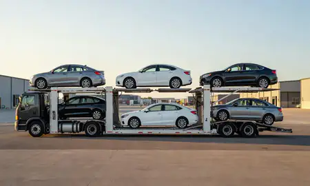 Car transporter parked in an industrial area of Blair, Nebraska, United States