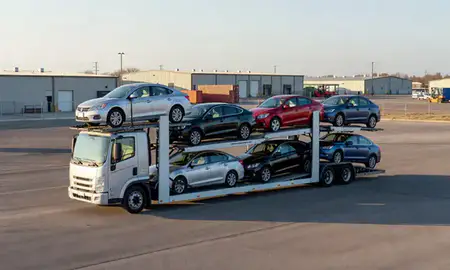 Car transporter loaded with vehicles in Blair, Nebraska, United States