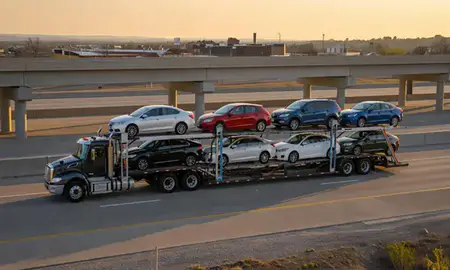 Car transporter with the Blair, Nebraska, United States skyline behind it