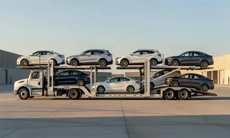 Car transporter parked in an industrial area of Chalco, Nebraska, United States