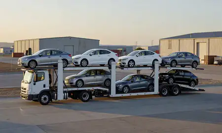 Car transporter loaded with vehicles in Chalco, Nebraska, United States