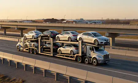 Car transporter with the Chalco, Nebraska, United States skyline behind it