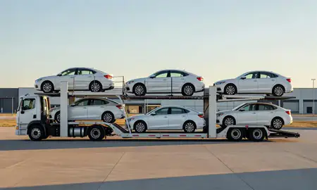 Car transporter parked in an industrial area of Columbus, Nebraska, United States