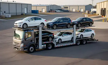 Car transporter loaded with vehicles in Columbus, Nebraska, United States