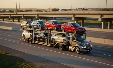 Car transporter with the Columbus, Nebraska, United States skyline behind it