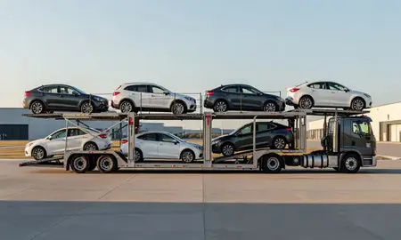 Car transporter parked in an industrial area of Crete, Nebraska, United States