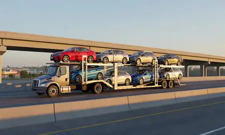 Car transporter with the Crete, Nebraska, United States skyline behind it