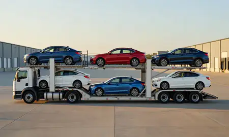 Car transporter parked in an industrial area of Fremont, Nebraska, United States