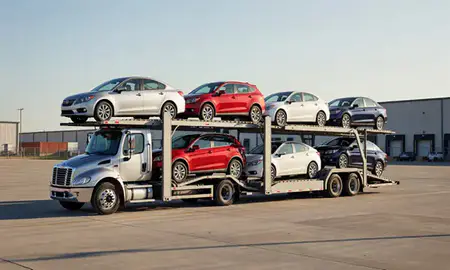Car transporter loaded with vehicles in Fremont, Nebraska, United States