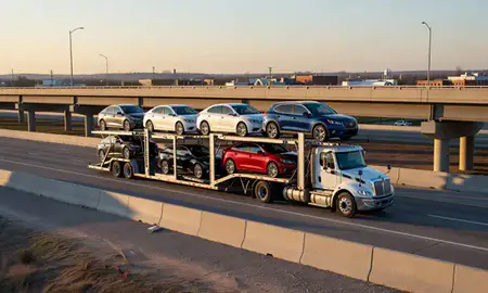 Car transporter with the Fremont, Nebraska, United States skyline behind it