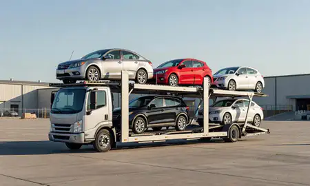 Car transporter loaded with vehicles in Gering, Nebraska, United States