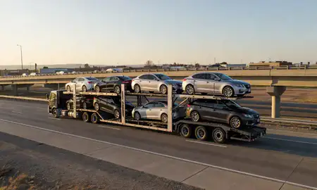 Car transporter with the Gering, Nebraska, United States skyline behind it