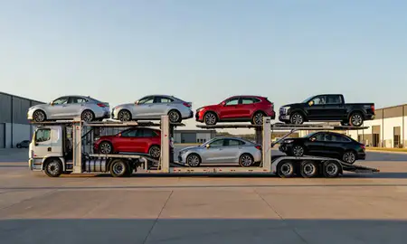 Car transporter parked in an industrial area of Grand Island, Nebraska, United States