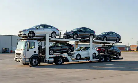Car transporter loaded with vehicles in Grand Island, Nebraska, United States