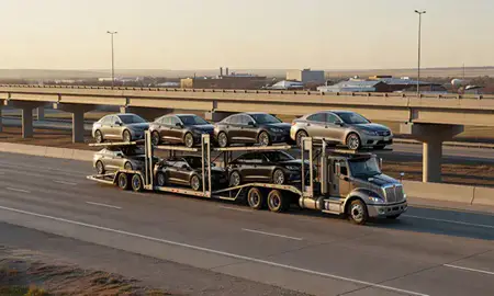 Car transporter with the Grand Island, Nebraska, United States skyline behind it