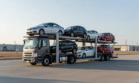 Car transporter loaded with vehicles in Gretna, Nebraska, United States