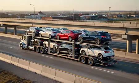 Car transporter with the Gretna, Nebraska, United States skyline behind it