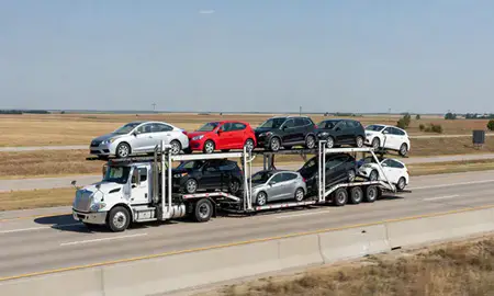 Multi-level car carrier on the highway to Hastings, Nebraska, United States