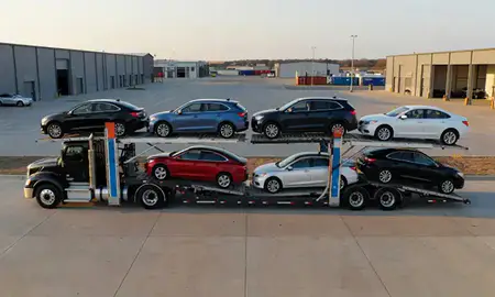 Car transporter parked in an industrial area of Hastings, Nebraska, United States