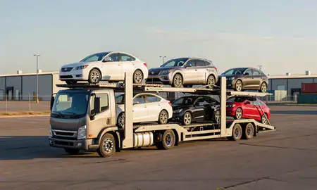 Car transporter loaded with vehicles in Hastings, Nebraska, United States