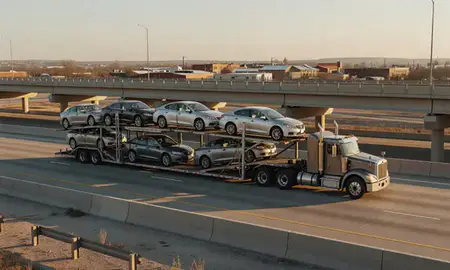 Car transporter with the Hastings, Nebraska, United States skyline behind it
