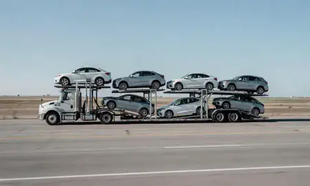 Multi-level car carrier on the highway to Kearney, Nebraska, United States