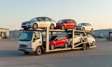 Car transporter loaded with vehicles in Kearney, Nebraska, United States