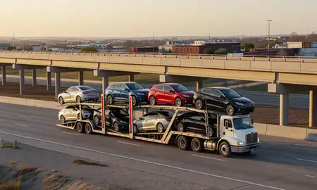 Car transporter with the Kearney, Nebraska, United States skyline behind it