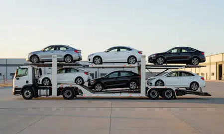 Car transporter parked in an industrial area of La Vista, Nebraska, United States