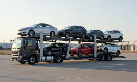 Car transporter loaded with vehicles in La Vista, Nebraska, United States