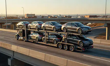 Car transporter with the La Vista, Nebraska, United States skyline behind it