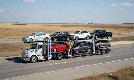 Multi-level car carrier on the highway to Lexington, Nebraska, United States