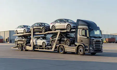 Car transporter loaded with vehicles in Lexington, Nebraska, United States