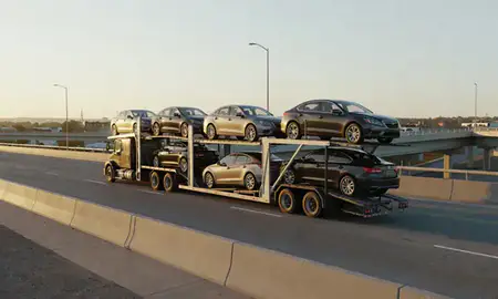 Car transporter with the Lexington, Nebraska, United States skyline behind it