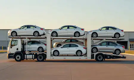 Car transporter parked in an industrial area of Lincoln, Nebraska, United States
