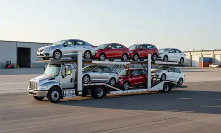 Car transporter loaded with vehicles in Lincoln, Nebraska, United States