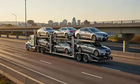 Car transporter with the Lincoln, Nebraska, United States skyline behind it