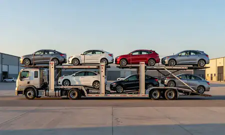Car transporter parked in an industrial area of McCook, Nebraska, United States